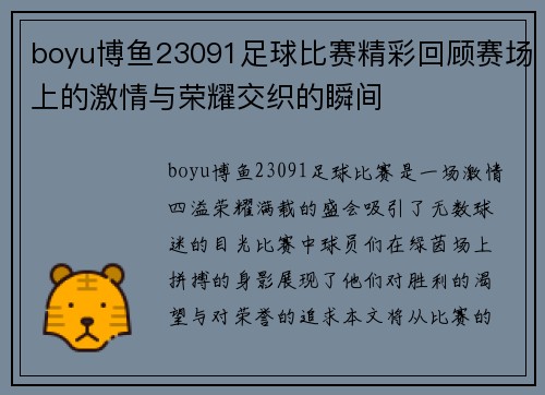 boyu博鱼23091足球比赛精彩回顾赛场上的激情与荣耀交织的瞬间