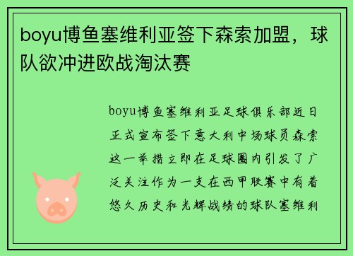 boyu博鱼塞维利亚签下森索加盟，球队欲冲进欧战淘汰赛
