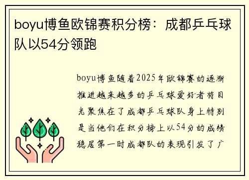 boyu博鱼欧锦赛积分榜：成都乒乓球队以54分领跑